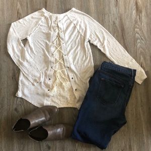Knox Rose Long Sleeve Off-White Lace-Up Back Top